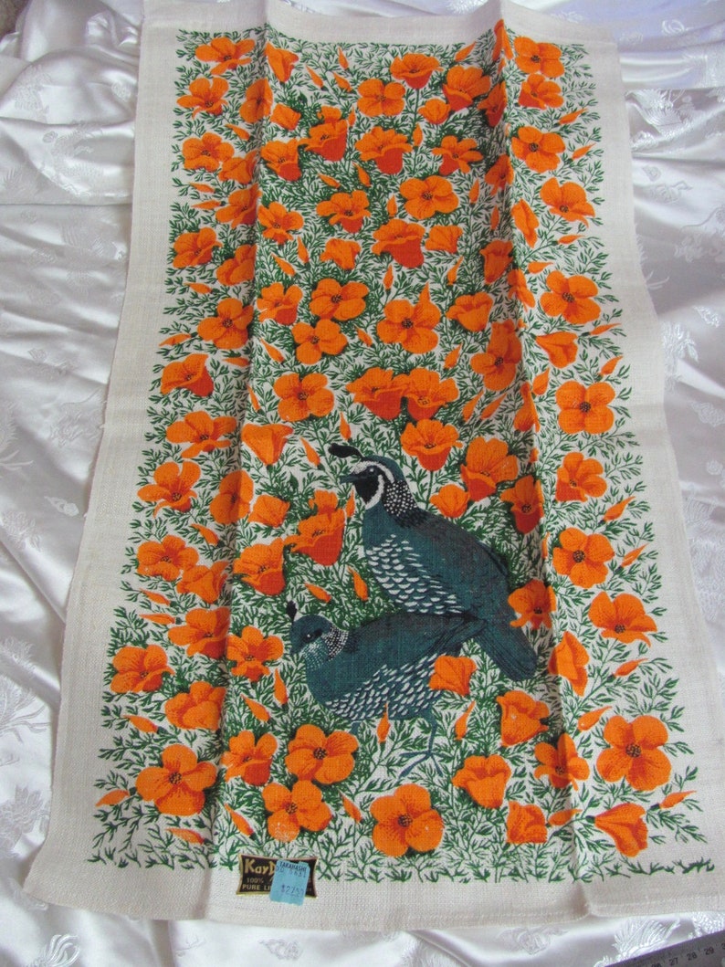 Kay Dee Vintage Printed Irish Linen Kitchen Dish Hand Towel // Home Decor Poppies Quail California Signed Lois Long Unused NOS image 6