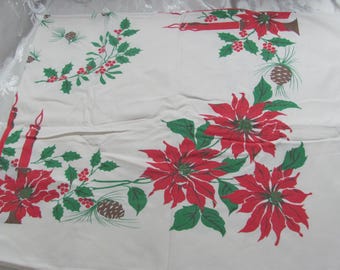 Colorful Vintage Christmas Poinsettia Holly Cotton Printed  Table Cloth Tablecloth 44" x 52" Rectangle - Retro Home Decor for the Holidays