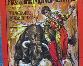 Plaza del Toro Monumental Vintage Fabric Tapestry 30" x 52" // Bull fighting Fighter Madrid Souvenir