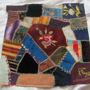 Beautiful Hand Stitched Crazy Quilt Piece Square Block 13&quot; // Early 19th Century Silk Fancy Antique Vintage Embroidered // Others in my shop