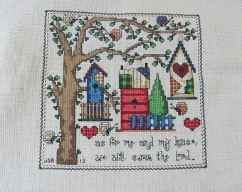 Birdhouses Serve the Lord // Vintage Hand Stitched Needlepoint Embroidery 7" x 7" Finished Complete Unframed