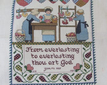 Everlasting Thou Art God // Vintage Hand Stitched Needlepoint Embroidery 10" x 11" Finished Complete Unframed