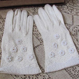 Vintage Off White Formal Hand Beaded Hand Stitched Cotton Gloves 8&quot; Long - Size Small