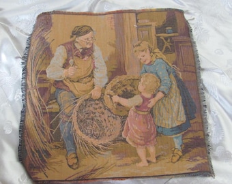 Vintage Woven Tapestry Wall Hanging Pillow Size French Pictoral 10" Square // Early Century // Home Decor Textiles Wall Art Antique