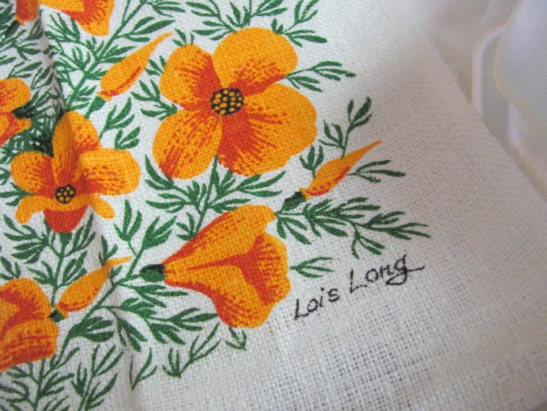 Kay Dee Vintage Printed Irish Linen Kitchen Dish Hand Towel // Home Decor Poppies Quail California Signed Lois Long Unused NOS image 5