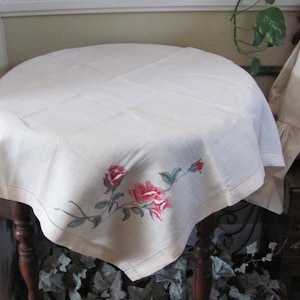 Table Linens Vintage Handmade Embroidered Linen Cotton Tablecloth - 33&quot; Square Rose Design // Many other to choose from in my shop!