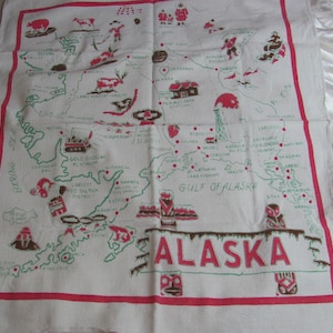 Vintage 1960s Souvenir Alaska Quadratisch bedruckte Tischdecke Tischdecke Sammlerstück Siebdruck Karte State Wilderness