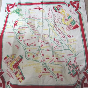 Vintage 1980s Souvenir California Square Printed Table Cloth Tablecloth Collectible Screen Print Map State Flannel 32" x 36"