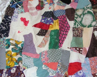 Lovely Vintage Hand Stitched Crazy Quilt Piece 44" x 30" Unfinished Repair Mid Century
