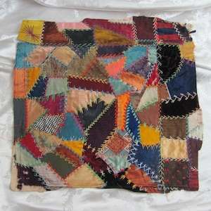 Hand Stitched Crazy Quilt Piece Square Block 13&quot; // Early Century Antique Silk Velvet Fancy Embroidered Over 100 years // others in my shop