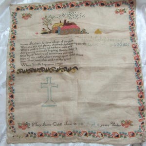 アンティークの手縫いサンプラー、1839年製、メアリー・アン・ケイヒル・オーバーン詩、ファームハウス // 19世紀のリネン、手作り、額なし、ニードルポイント