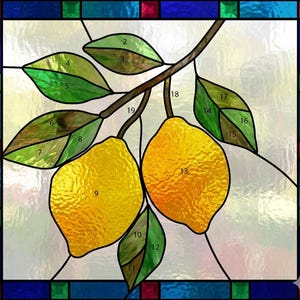 Wzór witrażu cytrusowego w formacie PDF – Cytryny i liście – 4 rozmiary (8, 6, 4, 2 cale) – Szablon do samodzielnego wykonania do pobrania