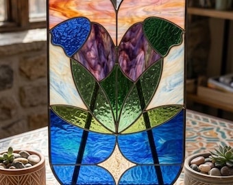 Patrón geométrico floral para vidrieras (PDF, PNG, SVG) – Diseño simétrico de flores y hojas – Tamaño A4 – Descarga instantánea – Plantilla DIY