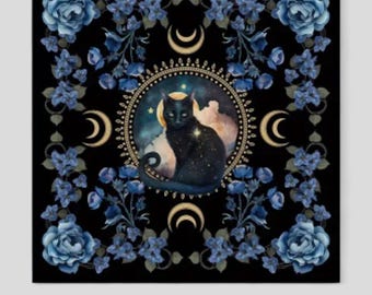 May include: Square black print featuring a black cat with a starry body, moon, and celestial background. The cat is centered within a gold-colored circle, surrounded by crescent moons and blue floral accents. The text "The Eye of Venus Metaphysical Shop" is at the bottom.