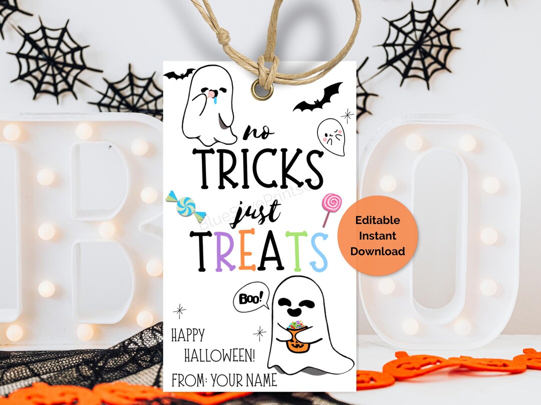 Editable Halloween Gift Tag, No Tricks Just Treats Favor Bag, Printable ...