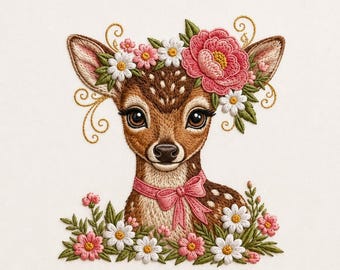 Cute Floral Baby Deer Embroidery Design, Baby Forest Animal Embroidery Pattern, Machine Embroidery, Instant Download Dst Pes, Exp