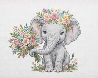 Floral Elephant Embroidery Design, Cute Baby Elephant with Flowers, Machine Embroidery Pattern | Instant Digital Download | PES, DST, EXP