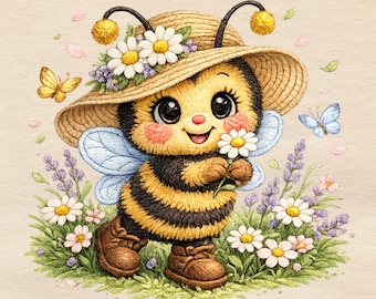 Cute Bee Daisy Cartoon, Spring Flower Bee, Kids Embroidery Design, Cute Machine Embroidery Pattern, Instant Digital Download, PES, DST, EXP