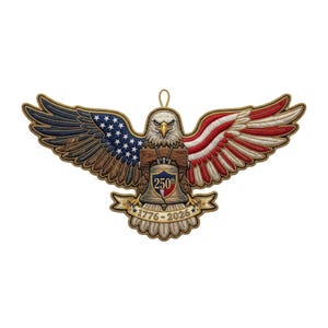 May include: Embroidered eagle with outstretched wings, featuring the American flag design on the wings. The eagle holds a bell with "250th" and the dates "1776-2026" on a banner. The design is detailed with brown, blue, red, and white colors.