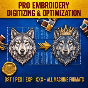 Puede incluir: Imagen que promociona servicios de digitalización y optimización de bordados. Presenta un fondo azul con una ilustración de lobo transformándose en un lobo coronado. El texto incluye "PRO EMBROIDERY DIGITIZING & OPTIMIZATION" y detalles del formato de archivo.