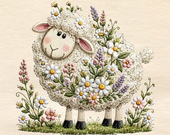 Cute Floral Sheep Embroidery Design, Fluffy Sheep with Daisies, Cute Farm Animal Floral Embroidery Design, Instant Download | PES, DST, EXP