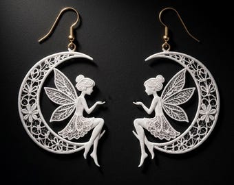 Fairy Moon Embroidery Earrings, Crescent Moon Earrings, Celestial Fairy Jewelry, FSL Embroidery Earrings, Boho Dangle Earrings, Gift for Her