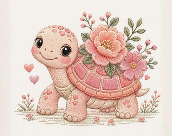 Cute Turtle With Flowers, Baby Animal Embroidery Design, Pink Floral Turtle Design, Machine Embroidery, Instant Download Dst Pes, Exp