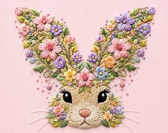 Floral Bunny Machine Embroidery Design, Leaf Pastel Animal, Bunny Embroidery Pattern, Easter Spring Embroidery, Instant Rabbit Download