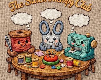 Stitch Therapy Embroidery Design – Sewing Machine, Scissors, Thread