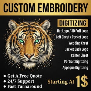 Puede incluir: Imagen promocional para servicios de bordado personalizado. La imagen presenta una cara de tigre detallada con ojos verdes. El texto incluye "Bordado Personalizado" y "Digitalización" con varias opciones de logotipo. Texto adicional promueve presupuestos gratuitos, soporte 24/7 y entrega rápida.