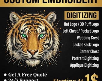 Logo Digitizing Service for Embroidery — PES DST File, Hat Cap Left Chest Patch, Machine Ready Custom Design
