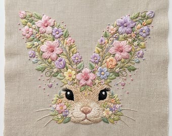 Floral Bunny Machine Embroidery Design, Leaf Pastel Animal, Bunny Embroidery Pattern, Easter Spring Embroidery, Instant Rabbit Download