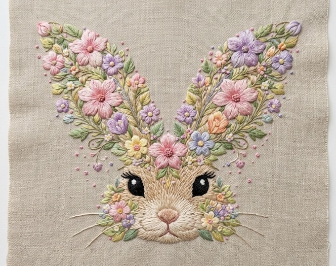 Floral Bunny Machine Embroidery Design, Leaf Pastel Animal, Bunny ...