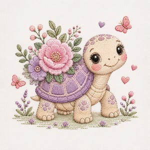 Pode incluir: Um design de bordado apresentando uma tartaruga bege clara com um casco roxo, adornado com uma flor rosa grande, uma flor roxa menor e folhagem verde. A cena inclui pequenas borboletas rosas e corações em um fundo branco.