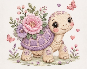 Cute Turtle With Flowers, Baby Animal Embroidery Design, Pink Floral Turtle Design, Machine Embroidery, Instant Download Dst Pes, Exp