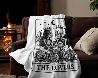 The Lovers Tarot Card Blanket Skeleton Blanket Witchy Blanket Throw Blanket Couch Halloween Blanket Tarot Tapestry Tarot Art Horror Blanket