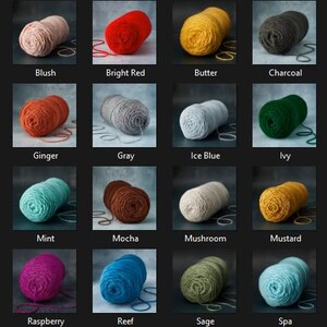 May include: A collection of yarn skeins in various colors, including blue, blush, bright red, butter, charcoal, and clay. Other colors are dark taupe, ginger, gray, ice blue, ivy, leaf green, mauve, mint, mocha, mushroom, mustard, navy, purple, raspberry, reef, sage, spa, and taupe.