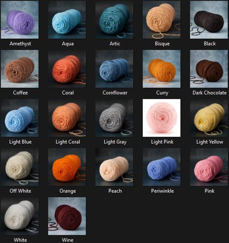May include: A collection of yarn skeins in various colors, including purple, blue, orange, and pink. Each skein is labeled with its color name, such as "Amethyst," "Aqua," and "Orange." The yarn is arranged on a dark background.
