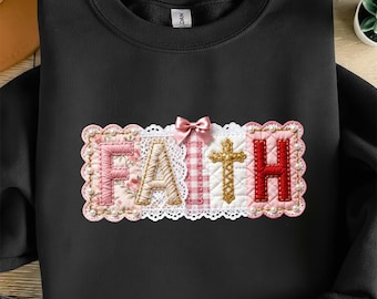 PNG de patchwork preppy Faith - Letras florales de cuadros vichy coquetas con encaje, perlas y lazo