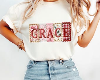 Grace Preppy Patchwork PNG - Coquette Christian Gingham Floral Letters Clipart