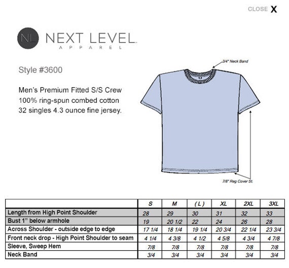 Next Level Apparel 3600 Size Chart