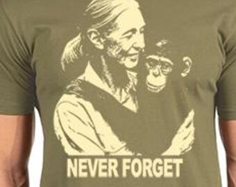 T-shirt Printed with Jane Goodall and Monkey on Military Green Next Level Tee Shirt
