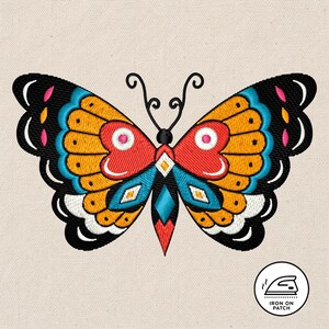 May include: Embroidered butterfly patch with a colorful design. The butterfly features black, blue, orange, red, and white details. The patch has an iron-on backing and is suitable for clothing and accessories.