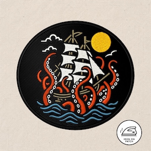 May include: Embroidered patch featuring a black background with a white sailboat, orange tentacles, and a yellow sun. The design depicts a ship being attacked by a giant octopus in the ocean. The patch has an iron-on backing.