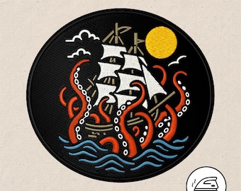 Kraken Attacking Ship Embroidered Patch – Nautical Tattoo Style