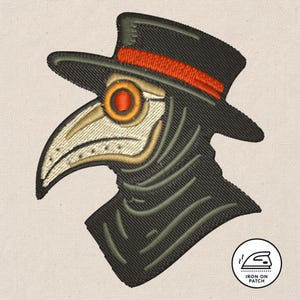 May include: Embroidered patch depicting a plague doctor's head in black, with a red and orange band on the hat. The beak is beige, and the eye is orange. The patch has an iron-on backing.