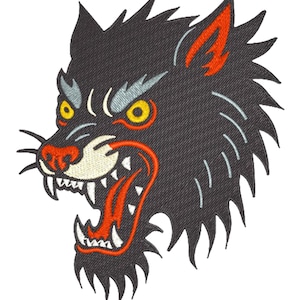 May include: Embroidered patch of a snarling wolf's head. The wolf is mainly black with yellow eyes, a red mouth and ears, and white teeth. The design is in a traditional tattoo style.