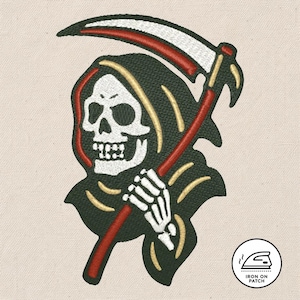 May include: Embroidered patch featuring a Grim Reaper with a white skull, holding a red and white scythe. The reaper is wearing a black cloak with gold accents. The patch has an iron-on backing.