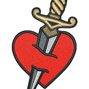 May include: Embroidered patch featuring a red heart pierced by a silver dagger. The dagger has a gold handle and a silver blade. The heart is outlined in black. This patch is suitable for jackets, bags, or other fabric items.