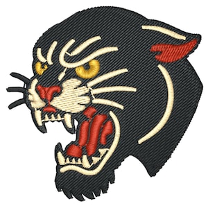 May include: Embroidered patch featuring a black panther head with an open mouth, showcasing sharp white teeth and a red tongue. The panther has yellow eyes, a red nose, and cream-colored accents. The patch is designed with a textured, stitched appearance.